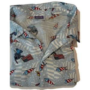 Disney Lilo & Stitch Patriotic Hawaiian Shirt XXL Rayon Blue‎ Flags Fireworks